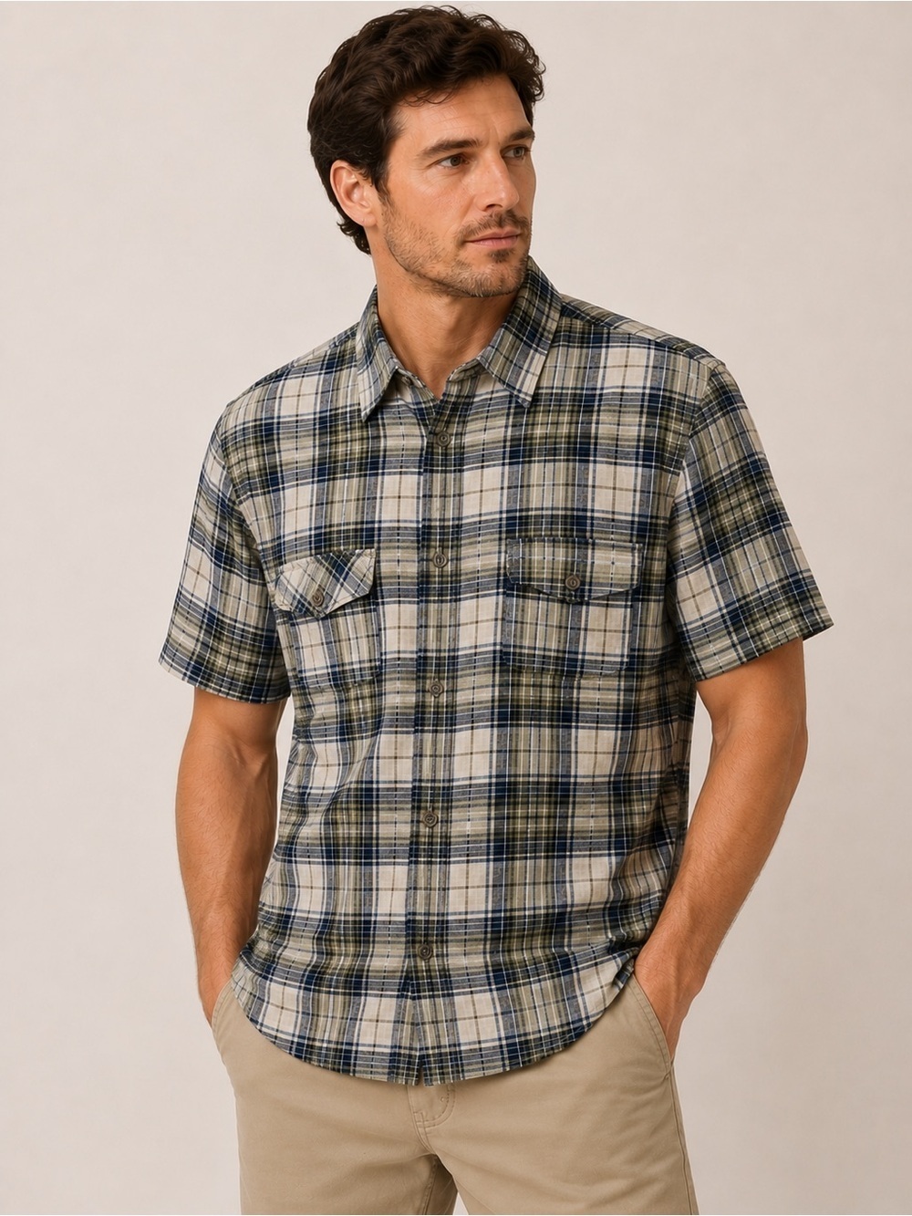 TIMBERLAND Linen Cotton Plaid Short Sleeve Button Down Shirt Mens Medium